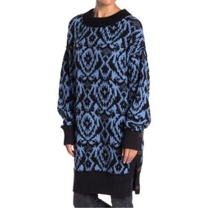 Free People Blue and Black Patterned Sweater Dress
